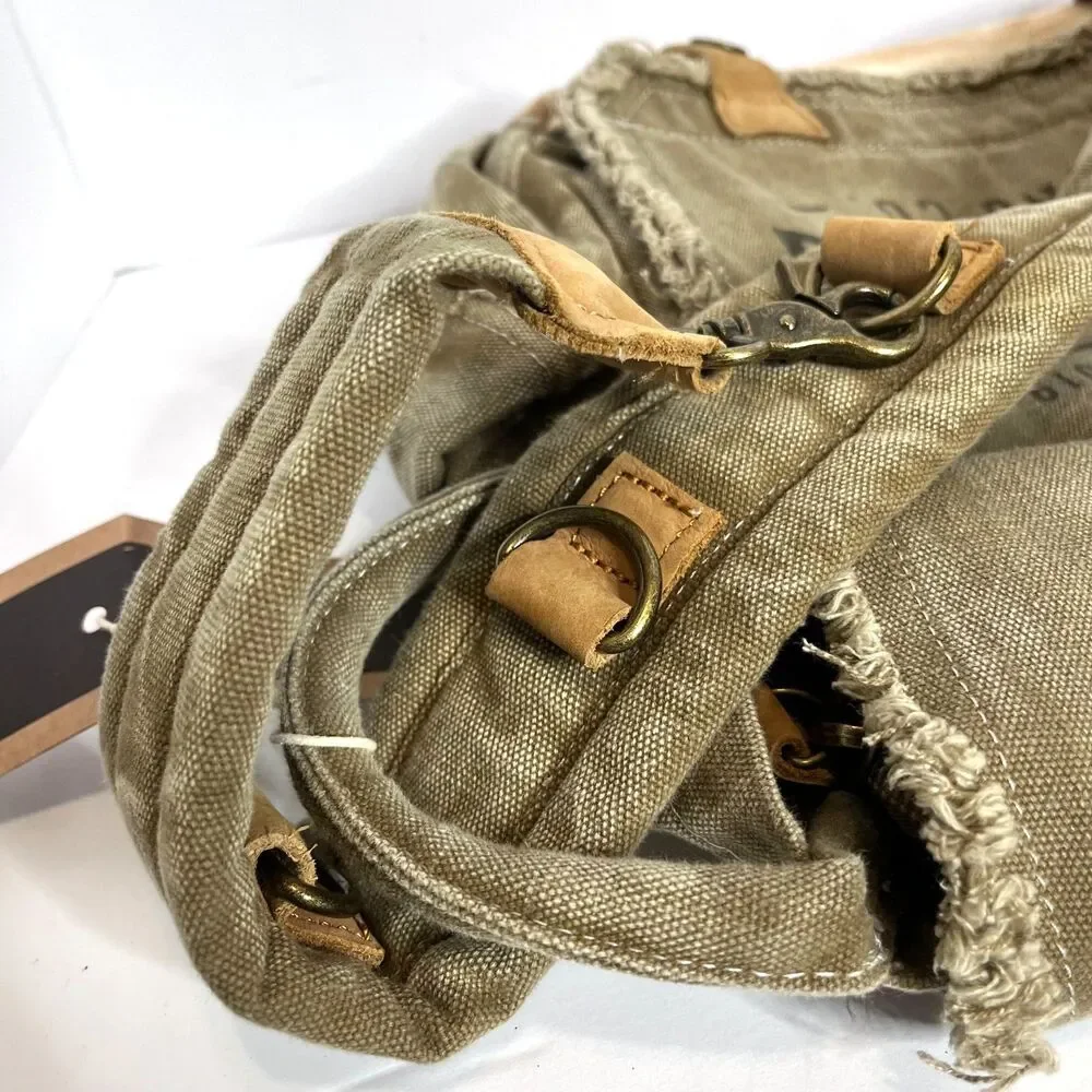 Scruffy Dog Trading Co Vtg Messenger Khaki Canvas Tan Leather Shoulder Bag